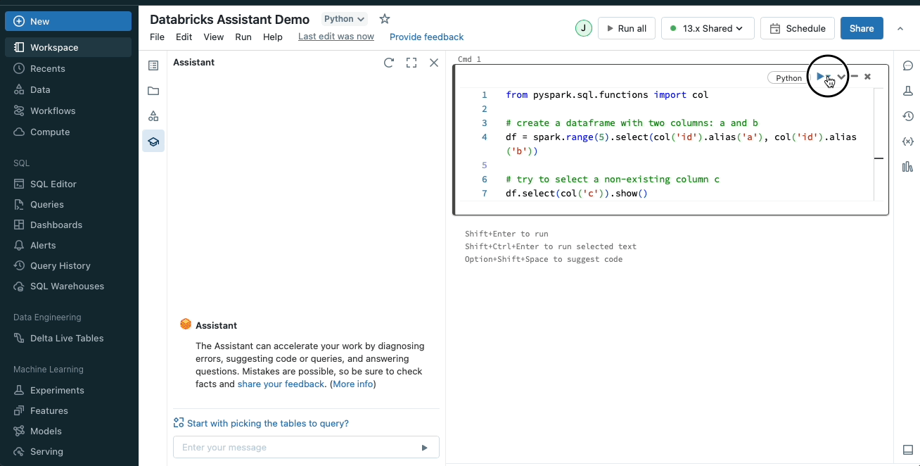 Animierter Screenshot aus dem Databricks-Blog: Der Databricks Assistant unterstützt in einem Notebook beim Erzeugen und Erklären von Code.