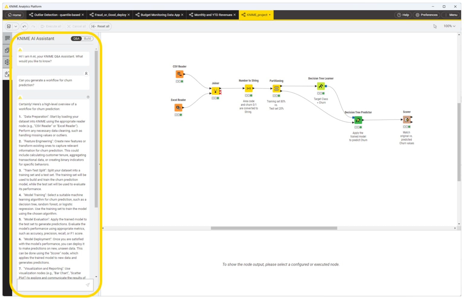 Screenshot aus dem KNIME-Blog: Ein visueller KNIME-Workflow mit mehreren verbundenen Knoten und einem geöffneten KNIME AI Assistant Panel.
