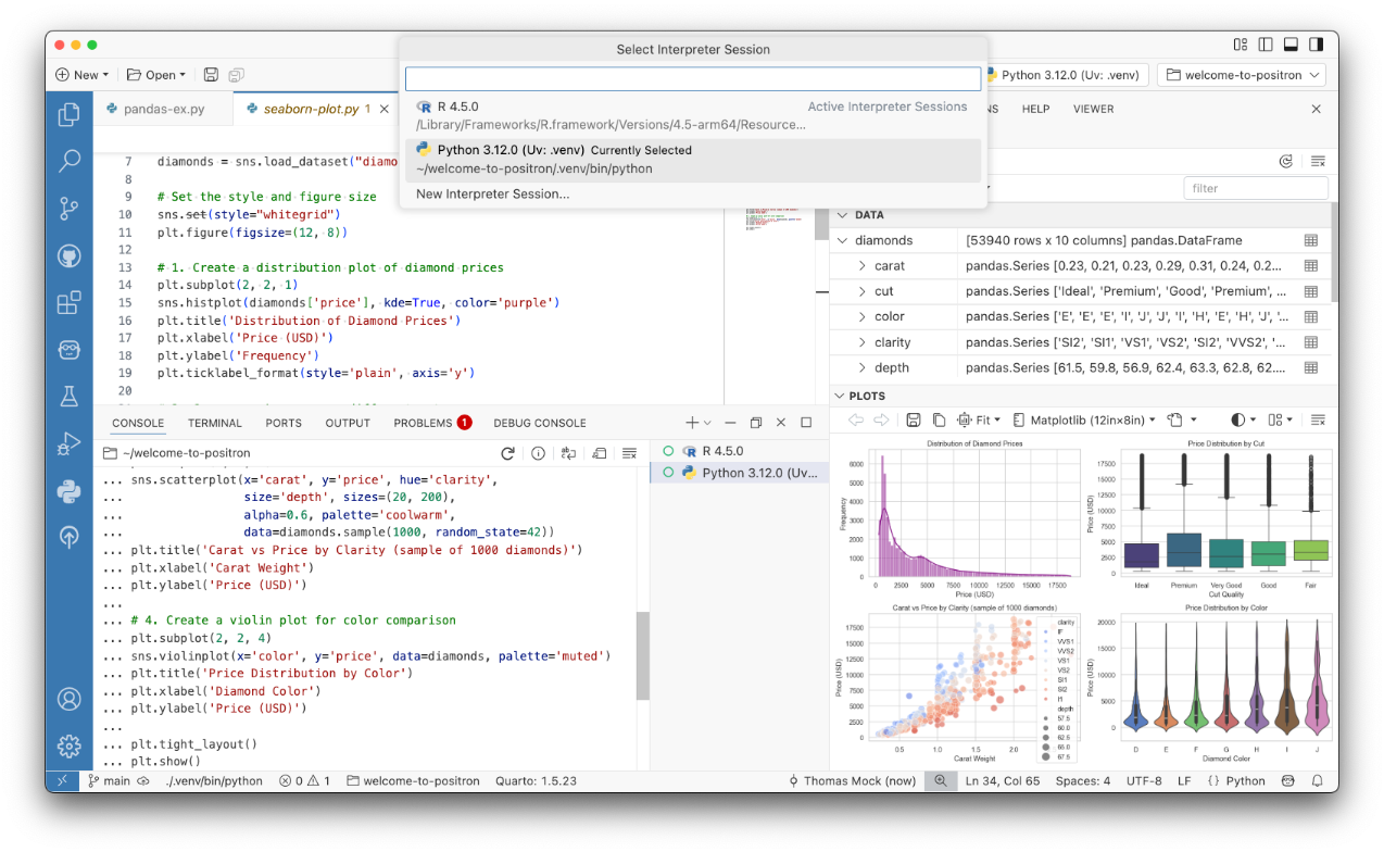 Screenshot der Positron IDE mit Variables Pane, Plots Pane und R-Konsole